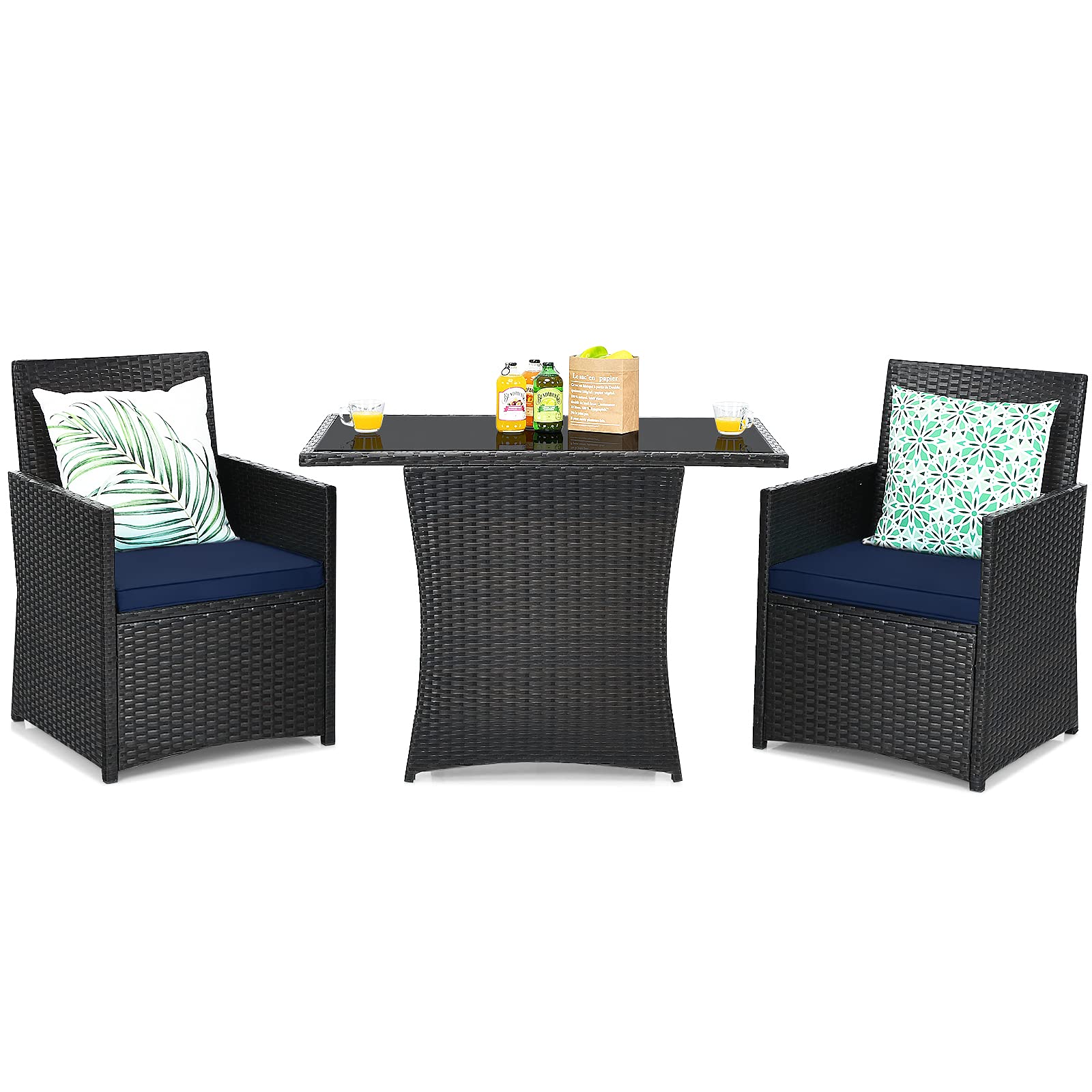 3 Pieces Patio Dining Set, Space-Saving PE Rattan Bistro Set with Tempered Glass Top Table and Cushioned Chairs